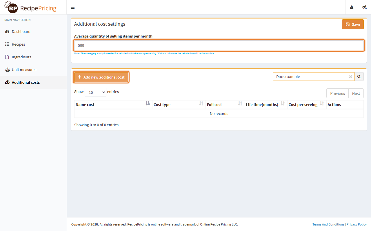 The Additional costs page: an Additional cost settings box with the average quantity field and Save button, and below it the list with an Add new additional cost button.