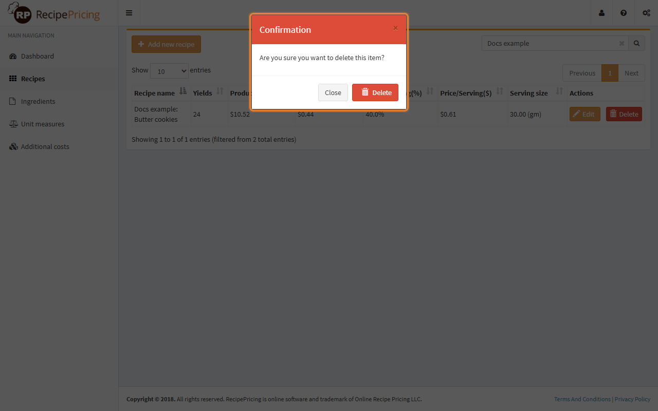 The delete confirmation dialog asking Are you sure you want to delete this item, with Close and Delete buttons.