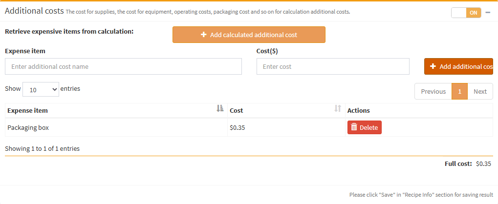 The Additional costs box switched on, showing a row pulled from the additional costs page and a manual Packaging box row, with the full cost total.