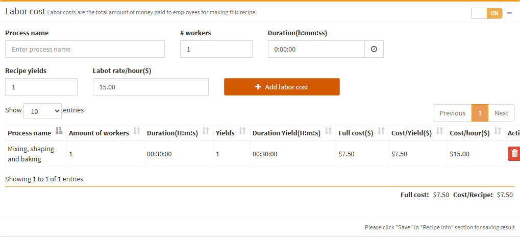 The Labor cost box switched on, with one process row: Mixing, shaping and baking, 1 worker, 0:30:00, rate 15.00, and its cost.